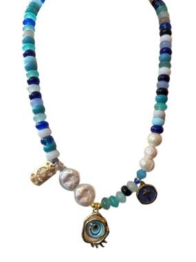 Blue Tones Charm Beaded Necklace | Evil Eye + Pearl Accent